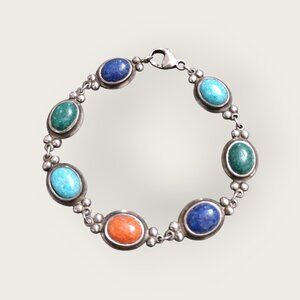 Sterling Silver Multi Gemstone Cabochon Bracelet